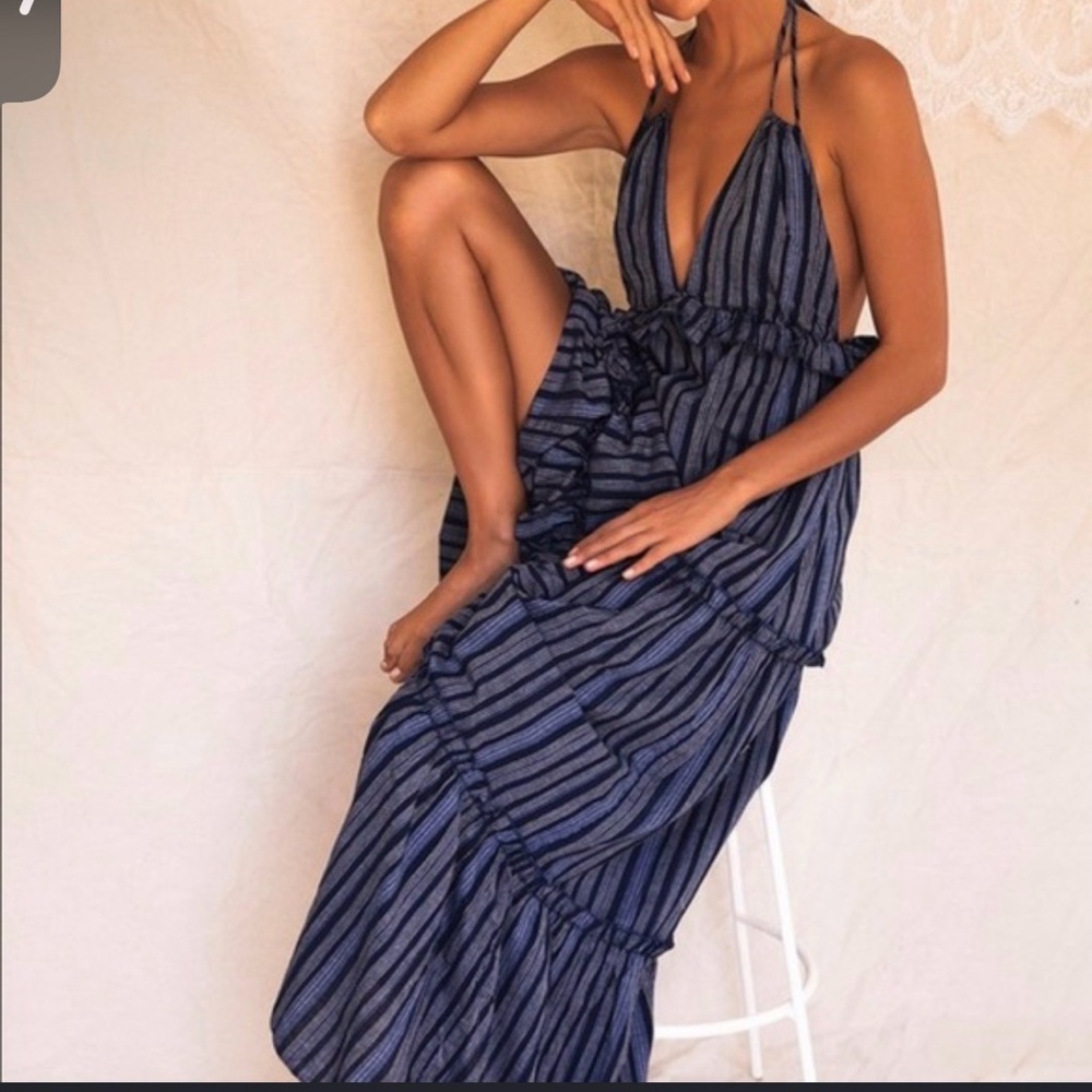 Lulu's Navy and Black Striped Halter Tiered Maxi Dress